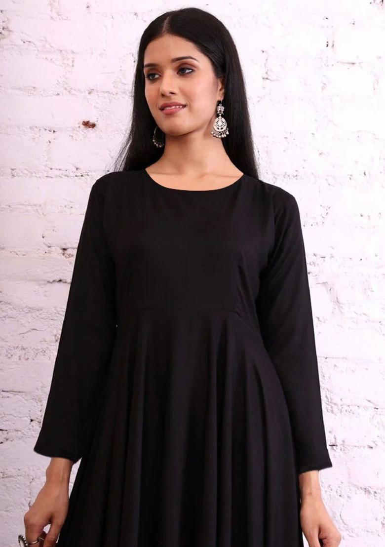 Black Solid Viscose Kurta Set - Indya