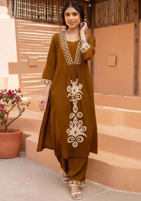 Brown Printed Viscose Kurta Set