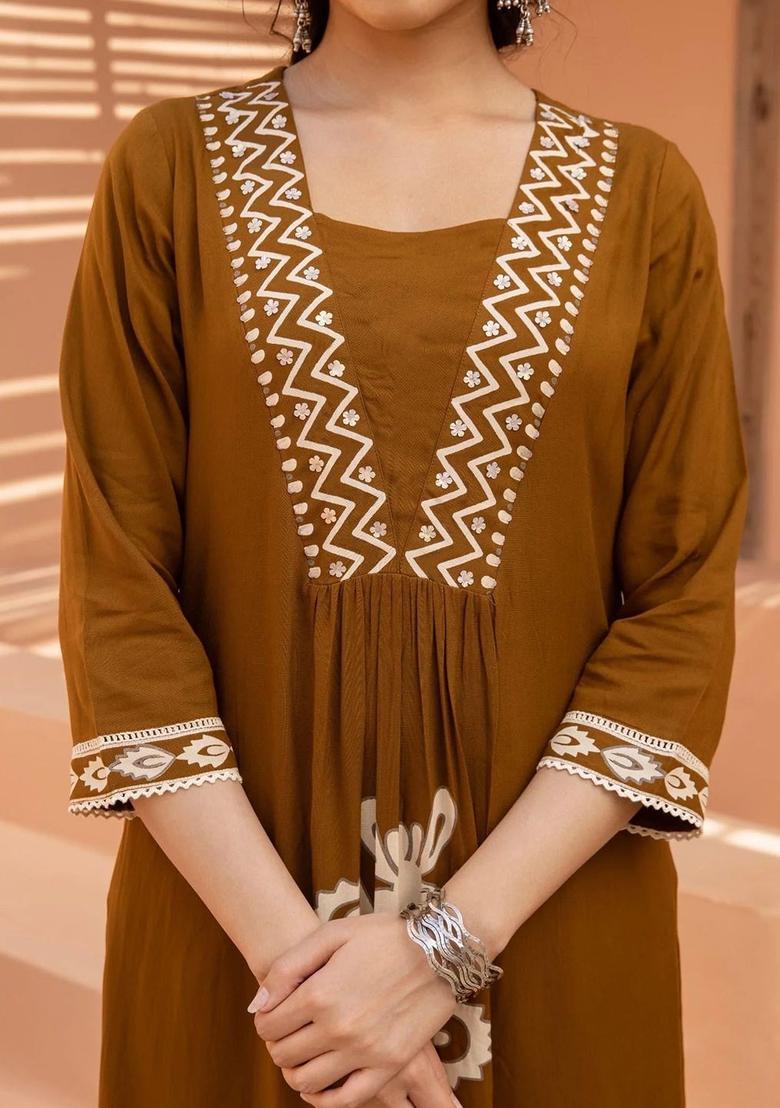 Brown Printed Viscose Kurta Set - Indya