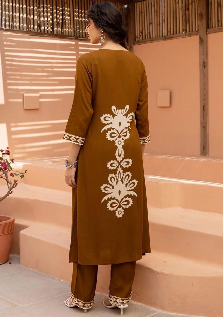 Brown Printed Viscose Kurta Set - Indya