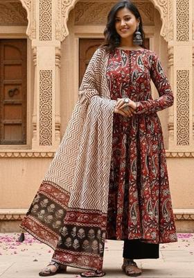 Red Printed Viscose Kurta Set