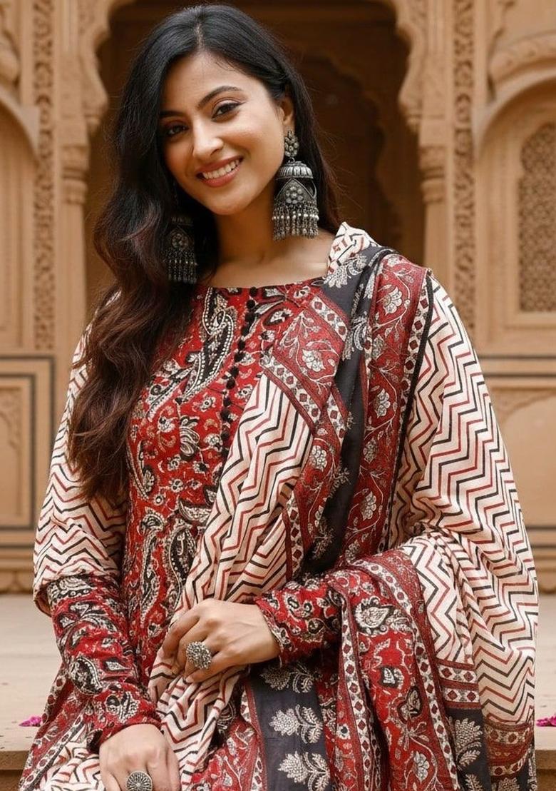 Red Printed Viscose Kurta Set - Indya