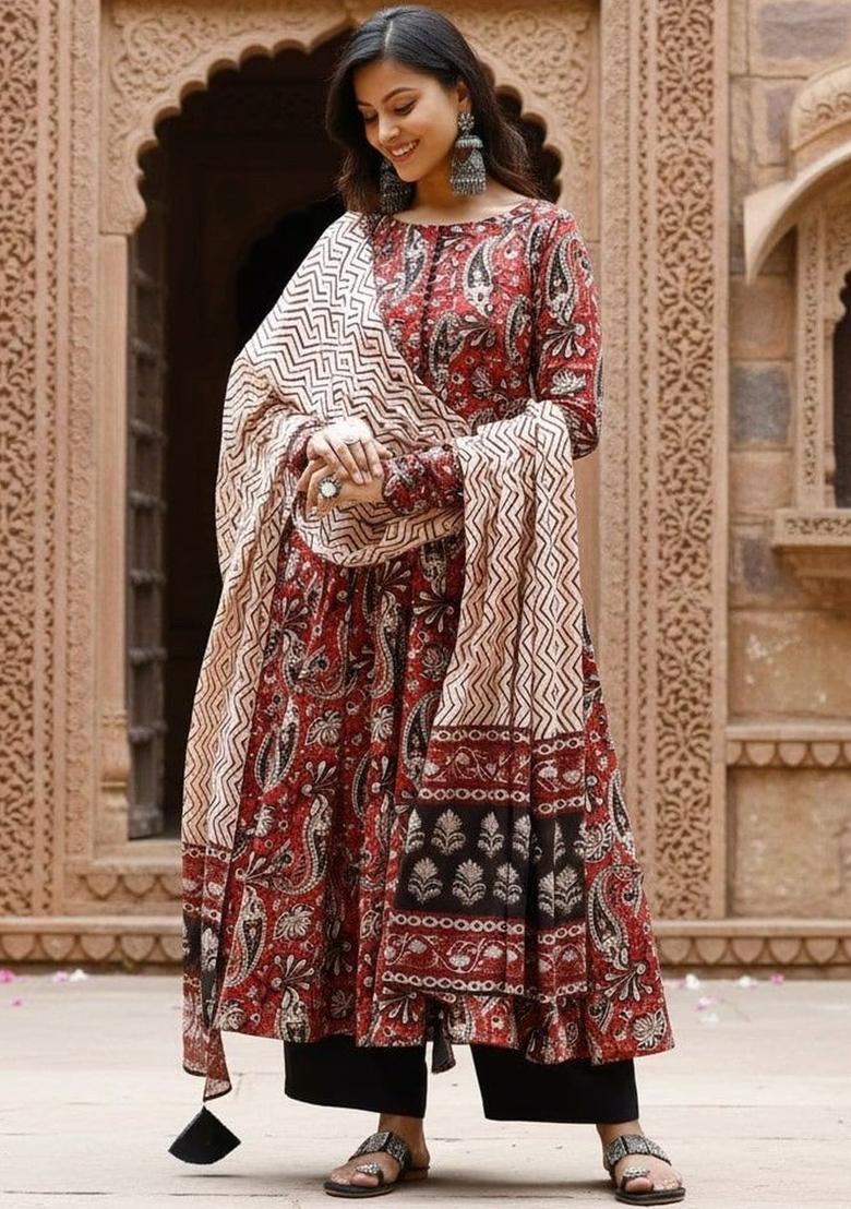 Red Printed Viscose Kurta Set - Indya