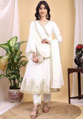 Off White Embroidered Silk Kurta Set