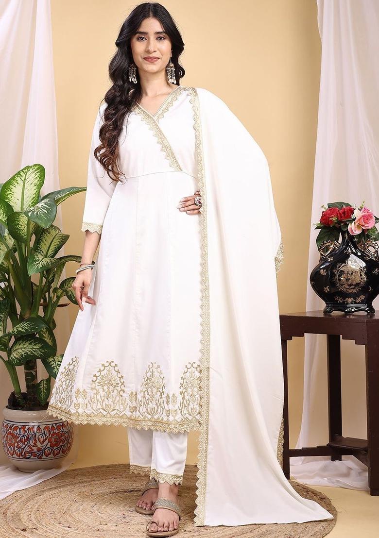 Off White Embroidered Silk Kurta Set - Indya