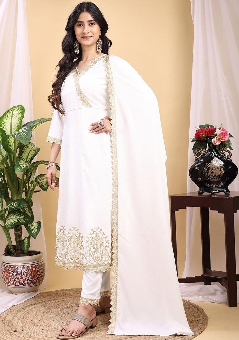 Off White Embroidered Silk Kurta Set - Indya