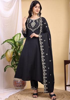 Black Embroidered Silk Kurta Set