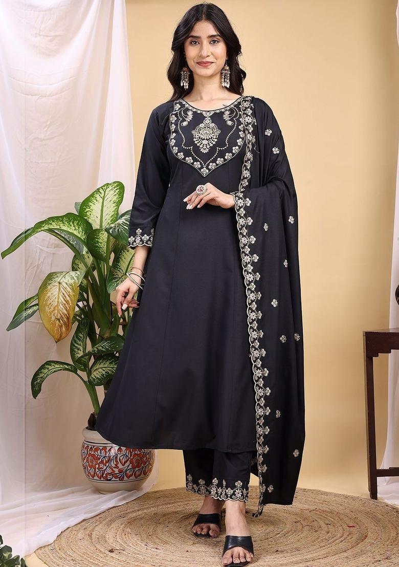 Black Embroidered Silk Kurta Set - Indya