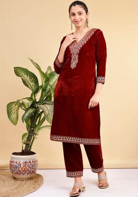 Maroon Embroidered Velvet Kurta Set
