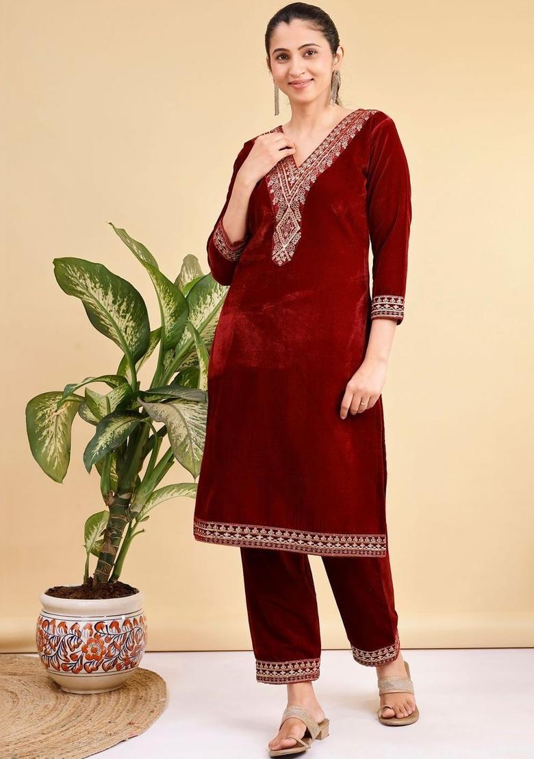 Maroon Embroidered Velvet Kurta Set - Indya