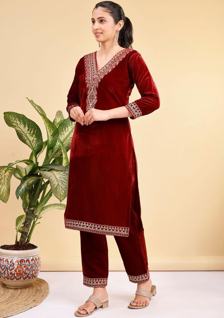 Maroon Embroidered Velvet Kurta Set - Indya
