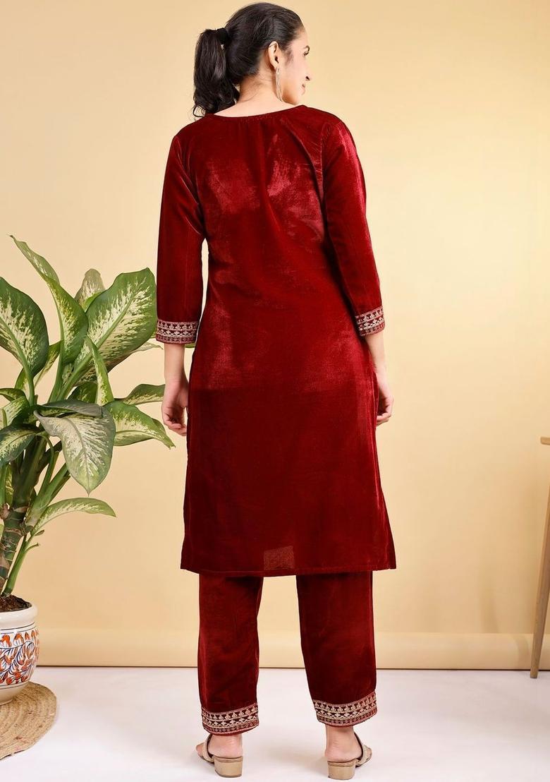 Maroon Embroidered Velvet Kurta Set - Indya