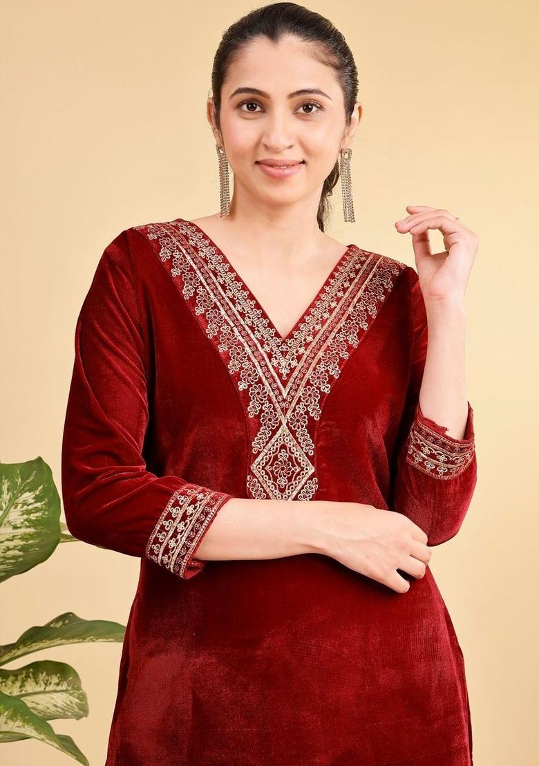 Maroon Embroidered Velvet Kurta Set - Indya