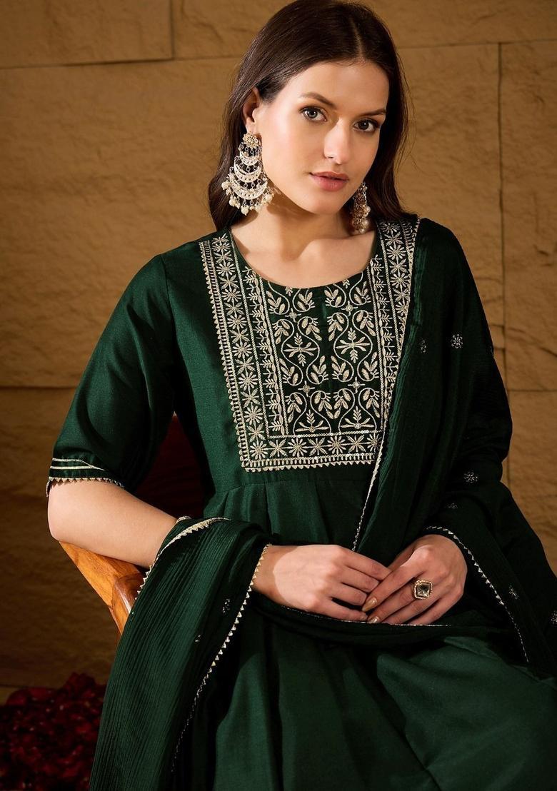 Green Yoke Design Silk Anarkali Set - Indya