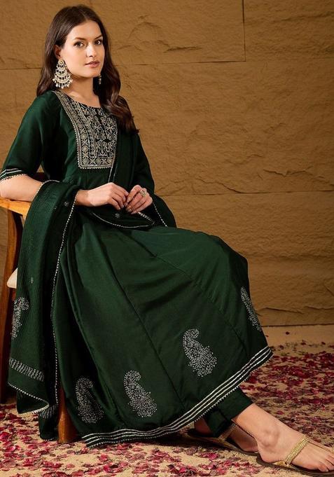 Green Yoke Design Silk Anarkali Set — view on Indya