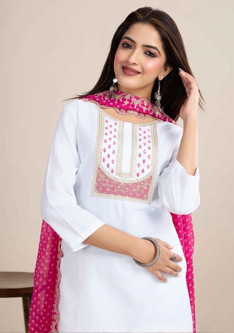 White Embroidered Viscose Kurta Set - Indya