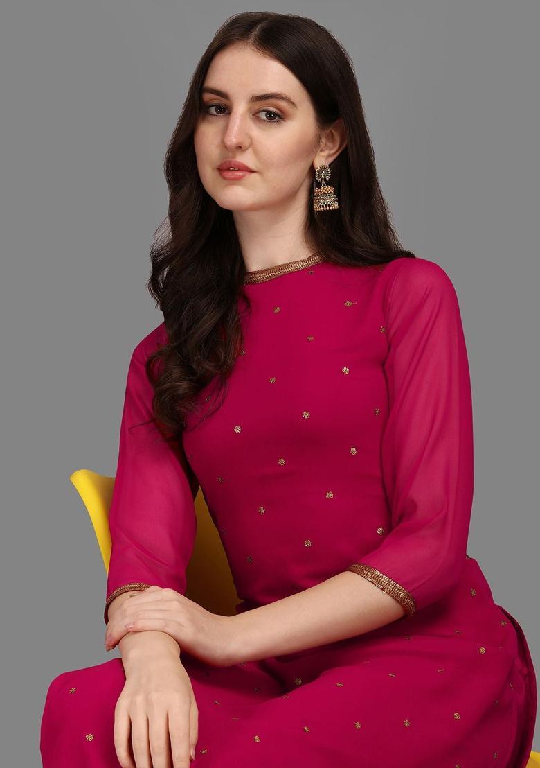 Magenta Embroidered Georgette Kurta Set - Indya