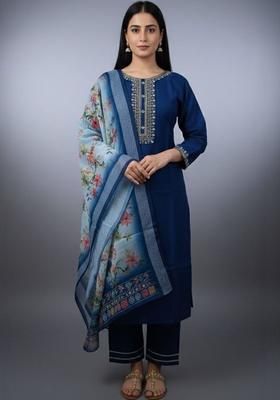 Navy Blue Embroidered Viscose Kurta Set