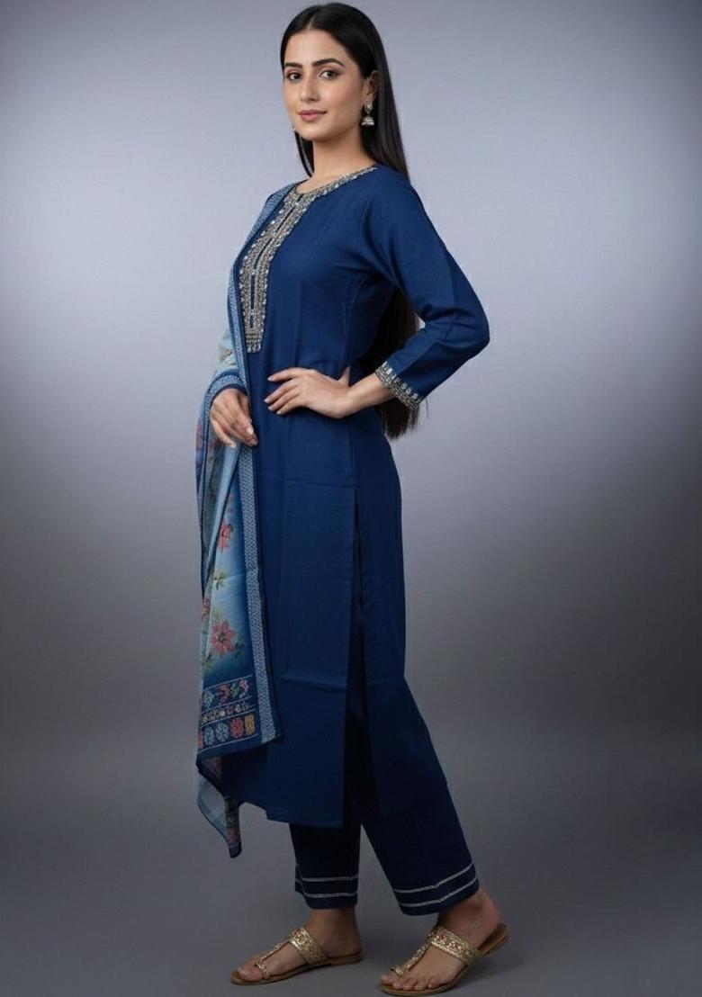 Navy Blue Embroidered Viscose Kurta Set - Indya
