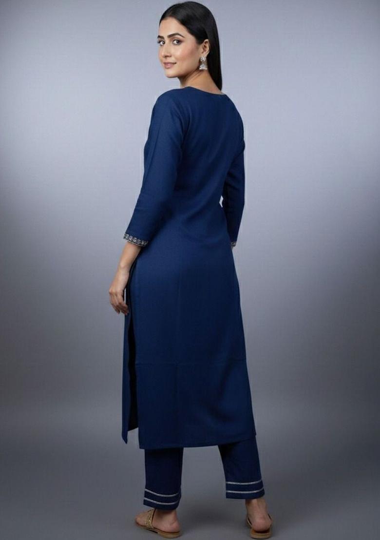 Navy Blue Embroidered Viscose Kurta Set - Indya