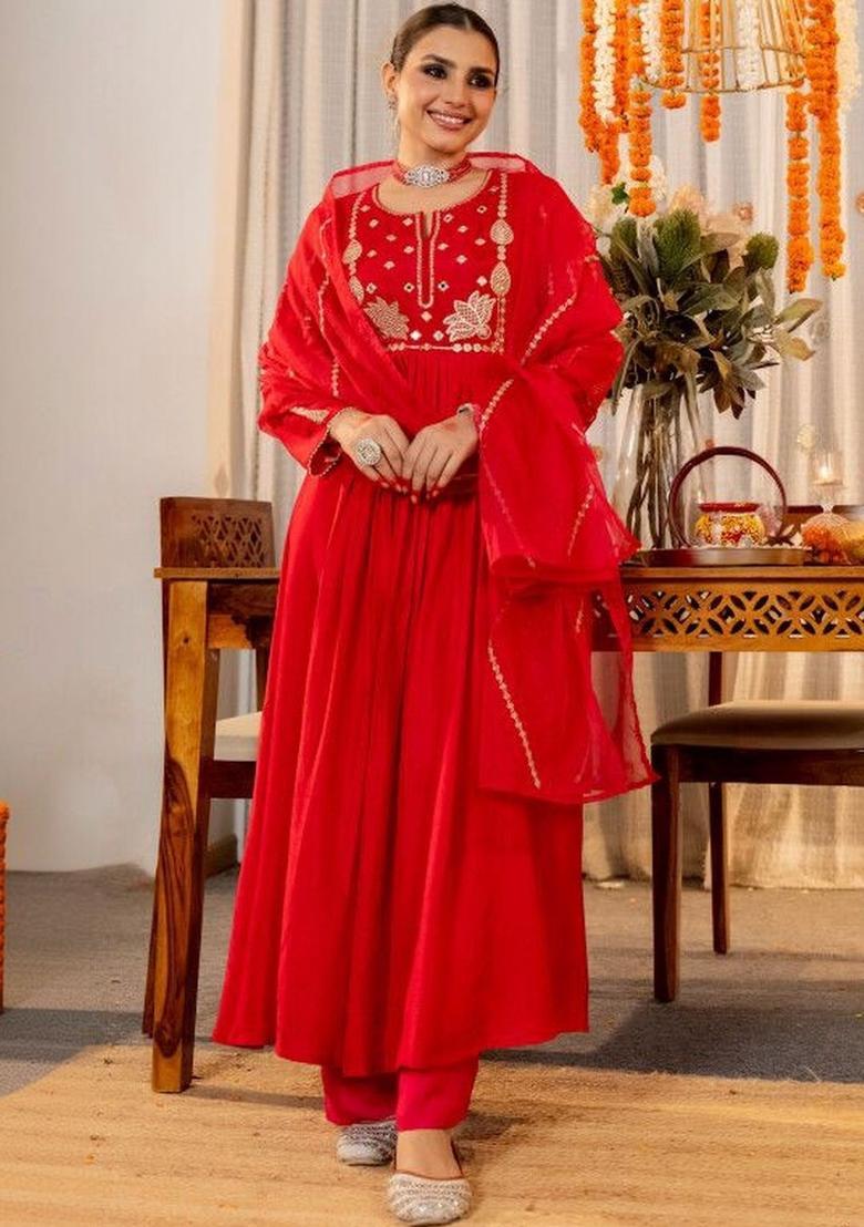 Red Embroidered Silk Kurta Set - Indya