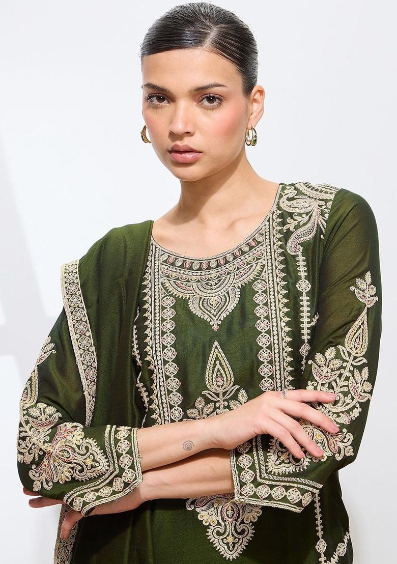 Olive Embroidered Silk Kurta Set - Indya