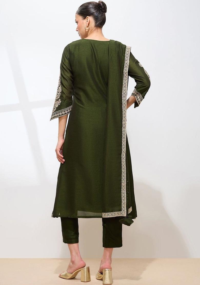Olive Embroidered Silk Kurta Set - Indya
