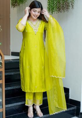 Lime Green Embroidered Silk Kurta Set