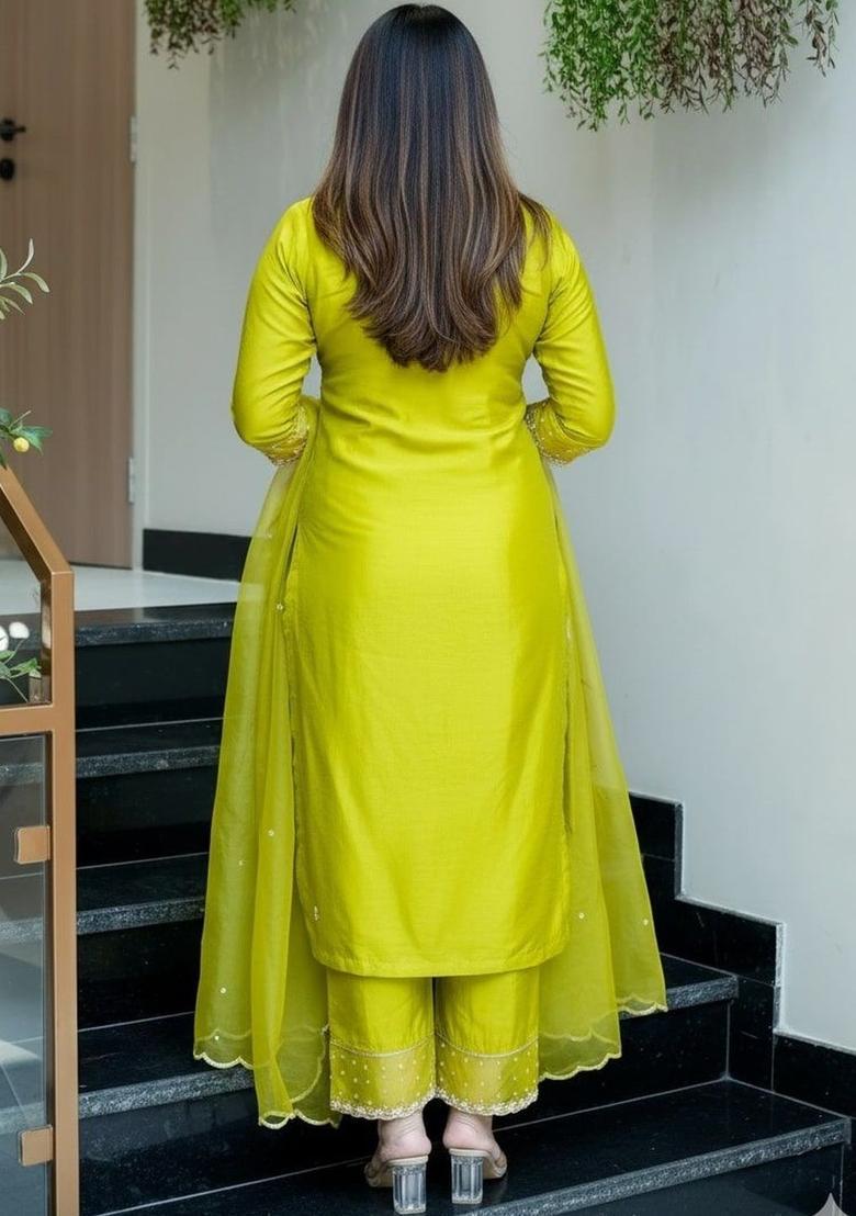 Lime Green Embroidered Silk Kurta Set - Indya