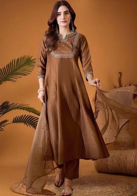 Brown Embroidered Silk Kurta Set