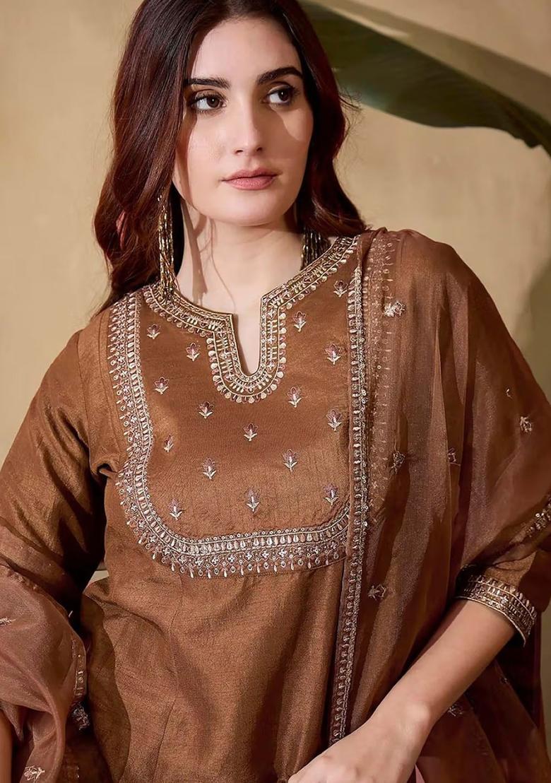 Brown Embroidered Silk Kurta Set - Indya