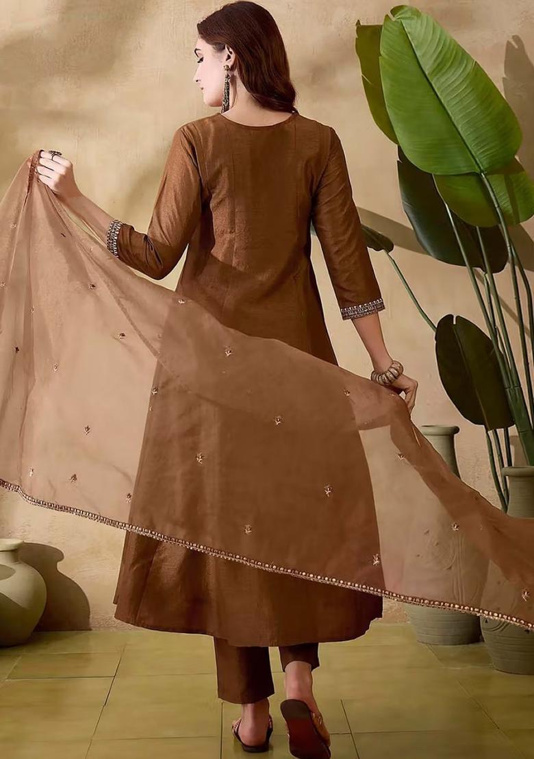 Brown Embroidered Silk Kurta Set - Indya