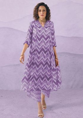 Purple Printed Viscose Kurta Set