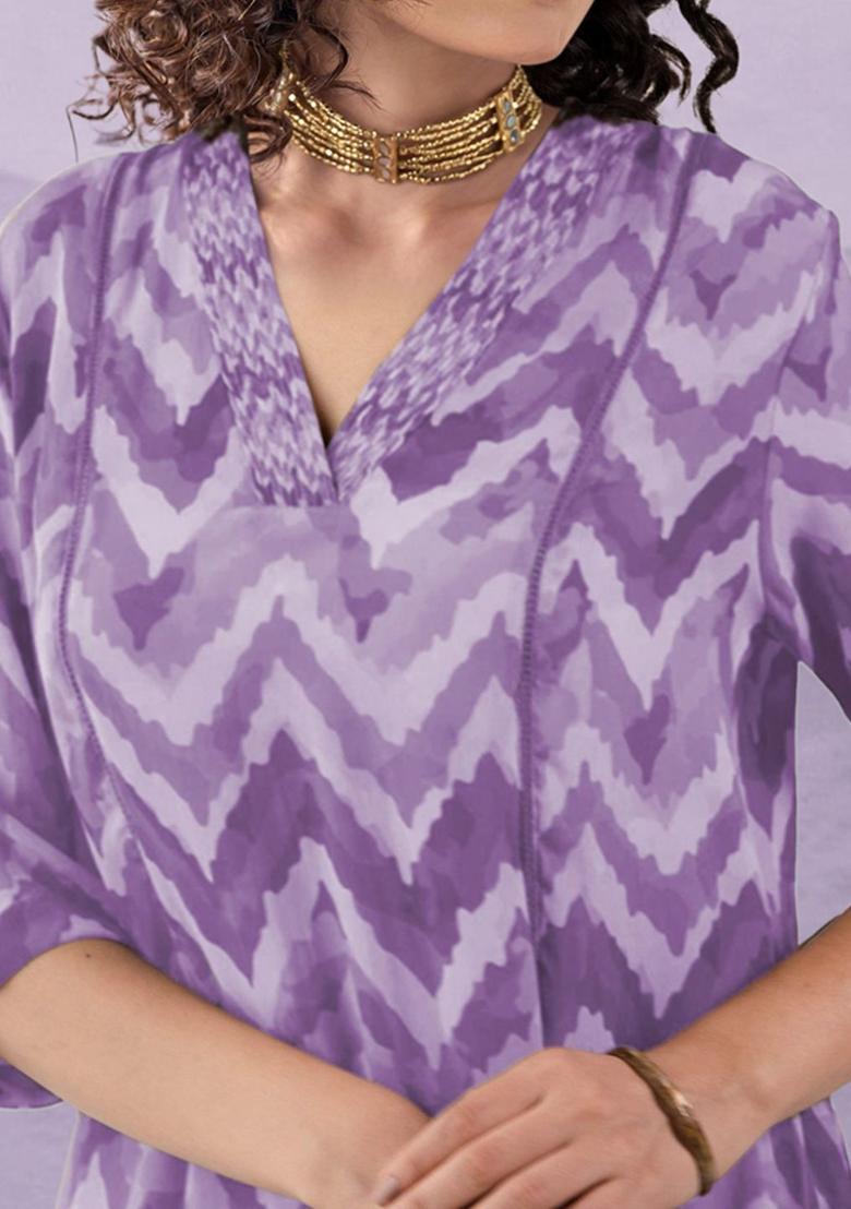 Purple Printed Viscose Kurta Set - Indya