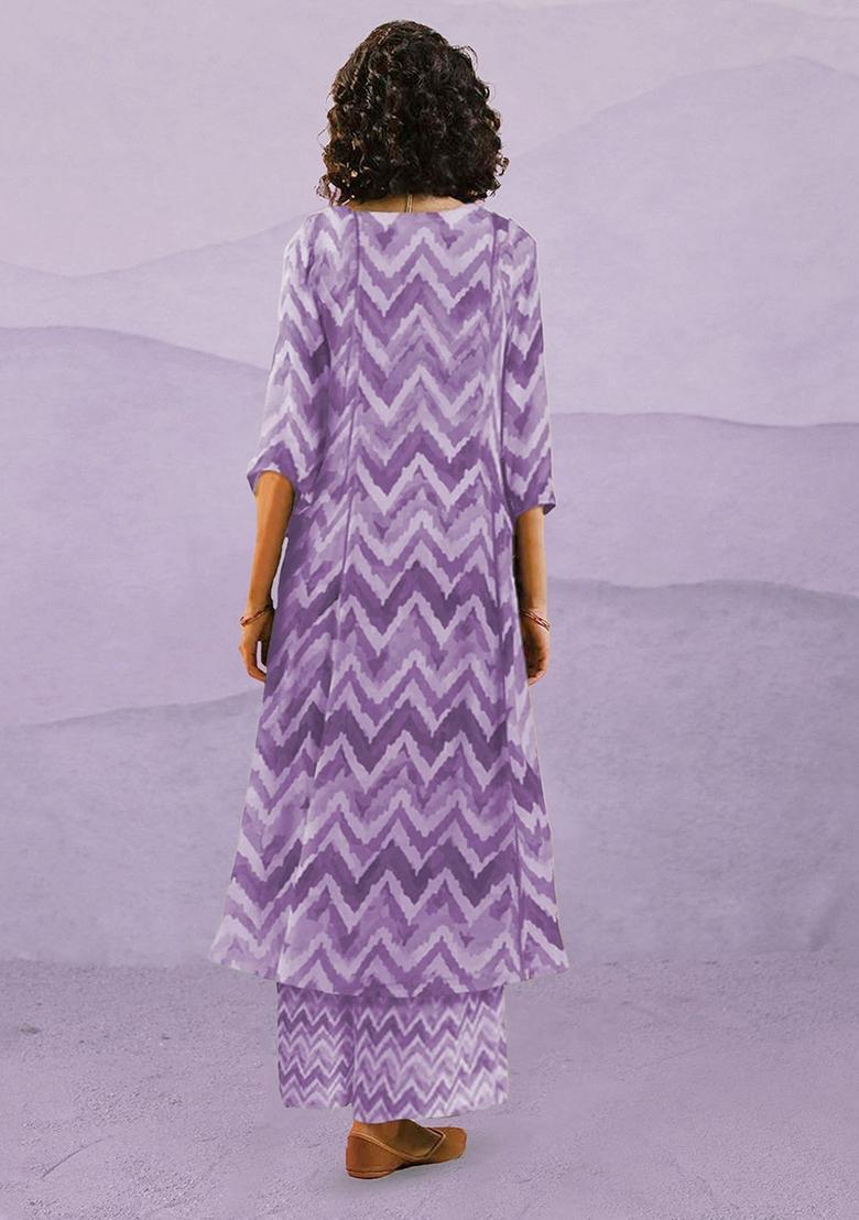 Purple Printed Viscose Kurta Set - Indya
