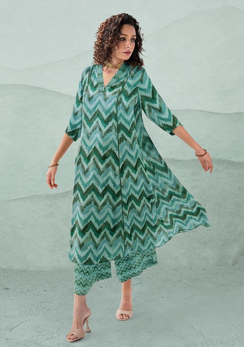 Green Printed Viscose Kurta Set - Indya