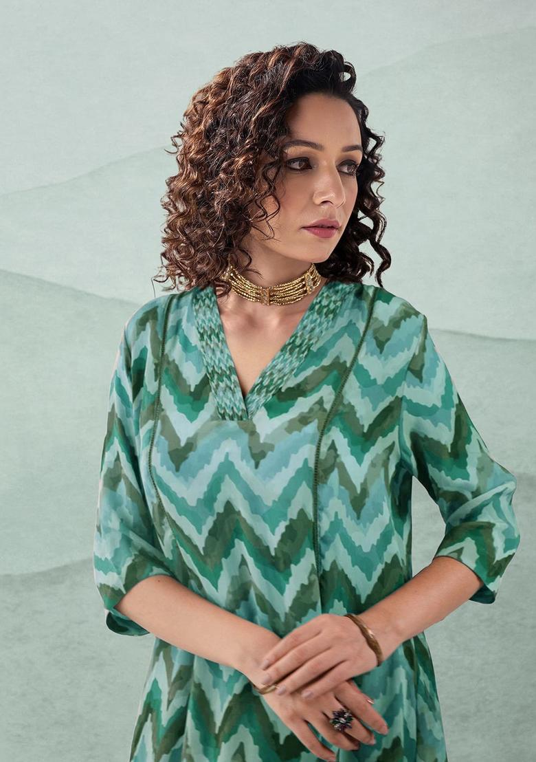 Green Printed Viscose Kurta Set - Indya