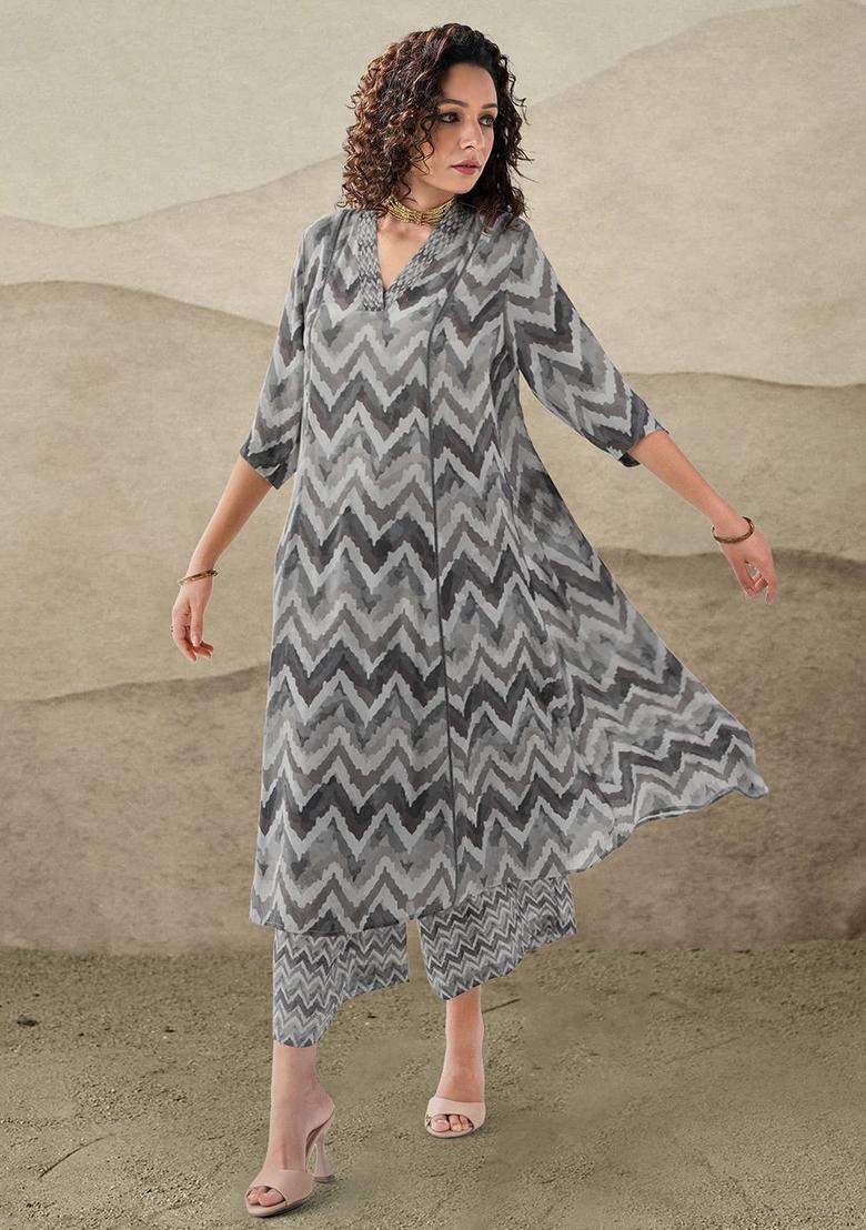 Grey Printed Viscose Kurta Set - Indya