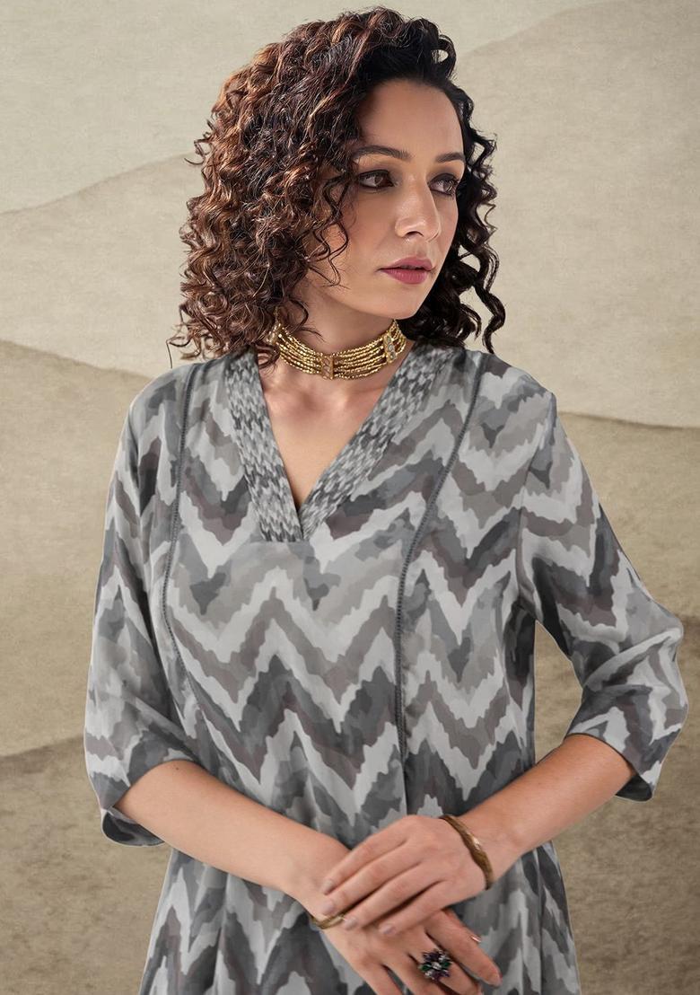 Grey Printed Viscose Kurta Set - Indya