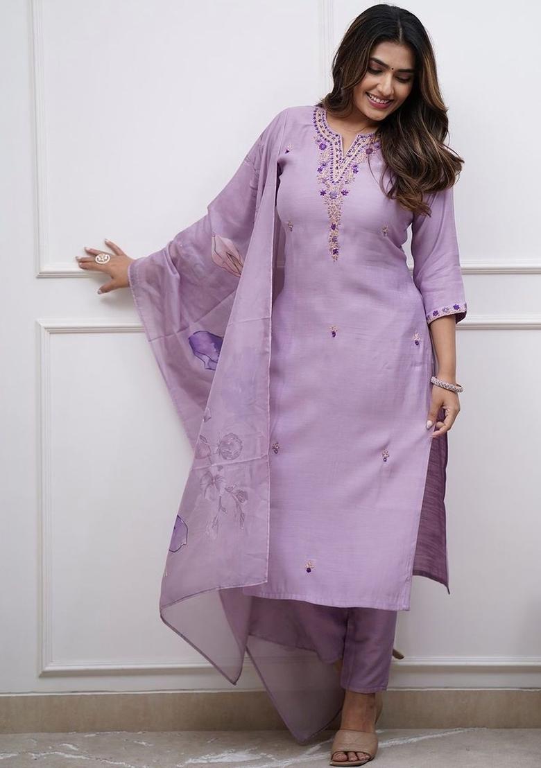 Lavender Embroidered Viscose Kurta Set - Indya