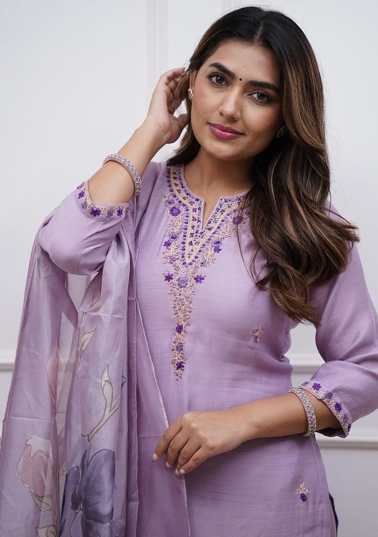 Lavender Embroidered Viscose Kurta Set - Indya