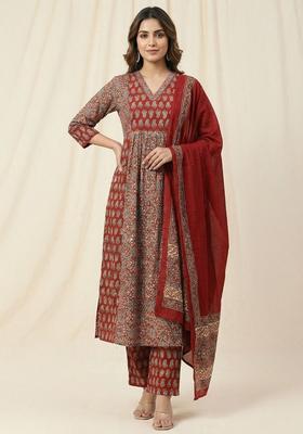 Red Printed Cotton Kurta Set