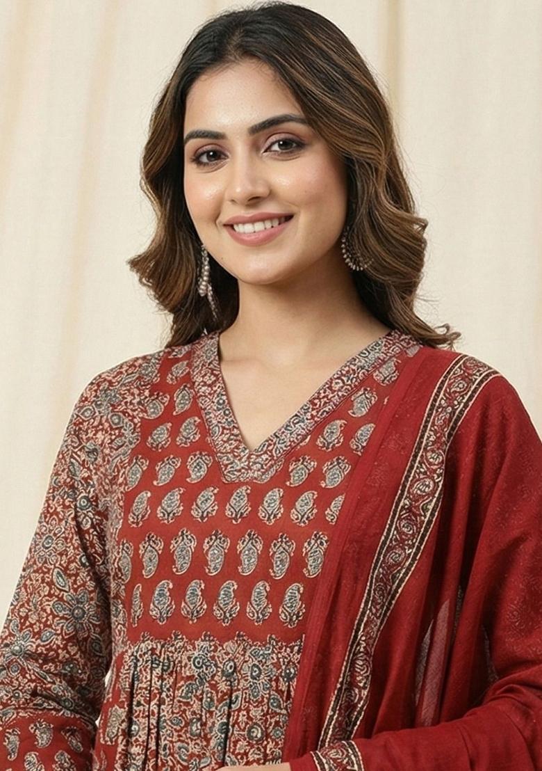 Red Printed Cotton Kurta Set - Indya