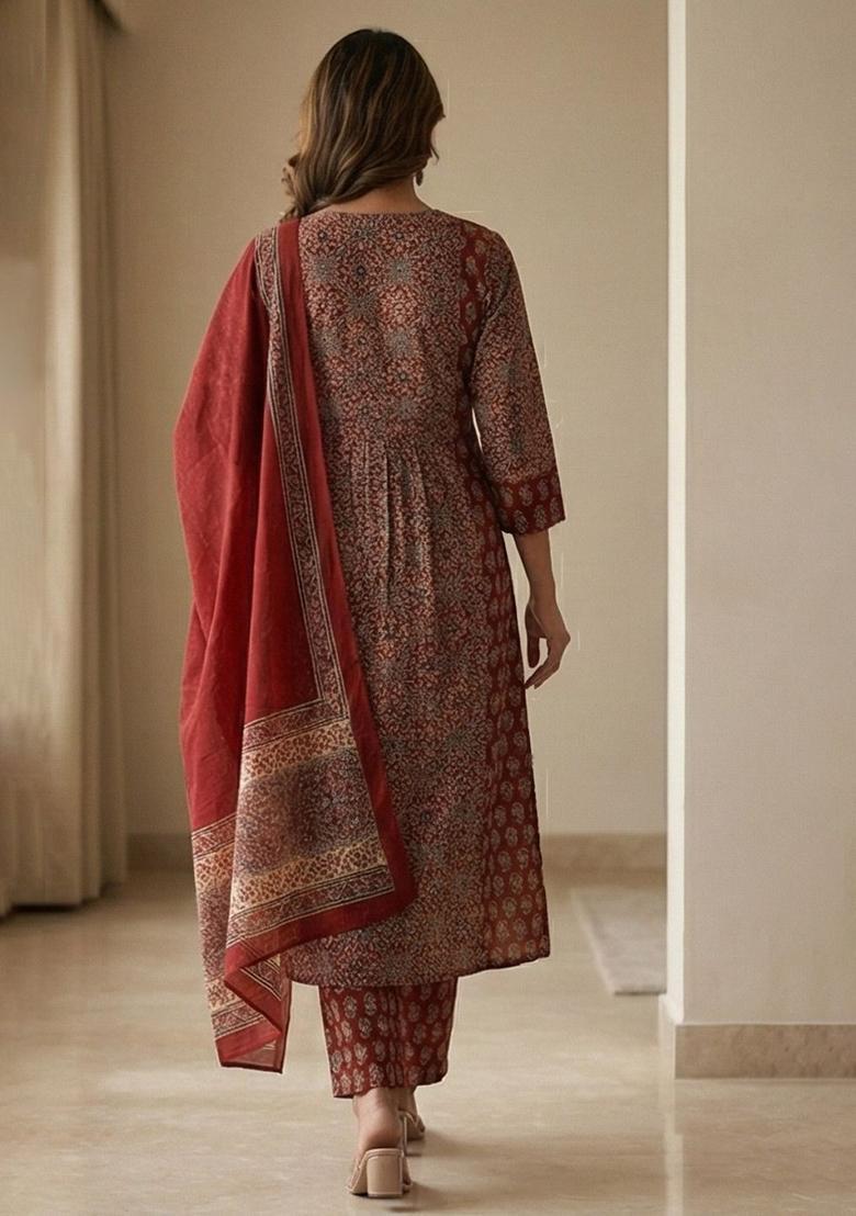 Red Printed Cotton Kurta Set - Indya