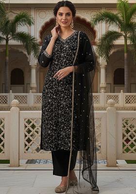 Black Embroidered Silk Kurta Set