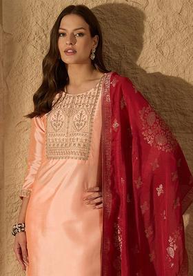Peach Embroidered Silk Kurta Set