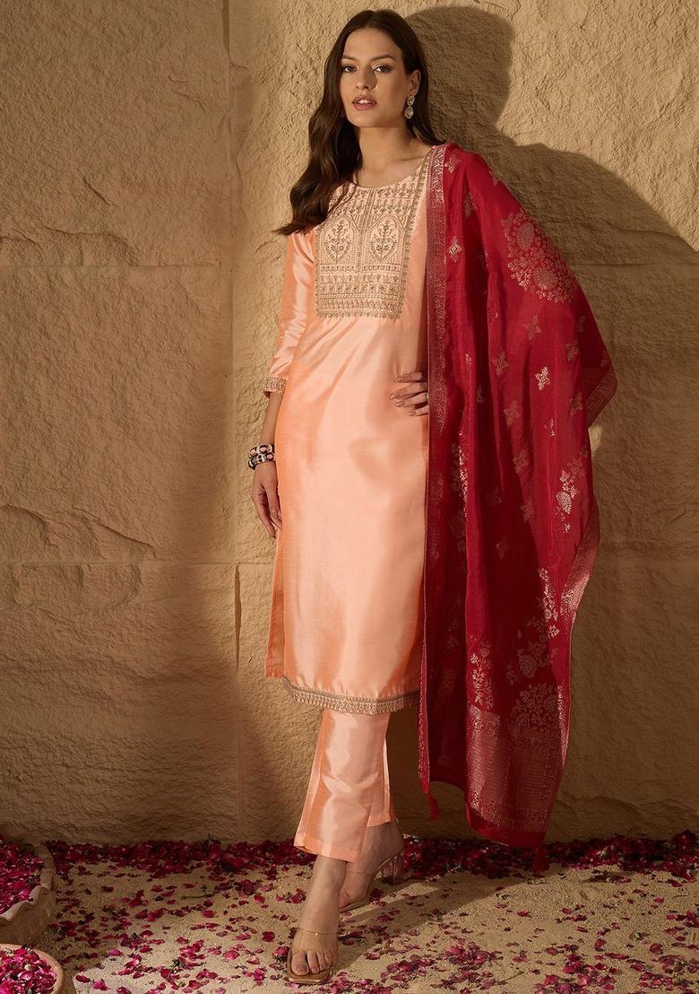 Peach Embroidered Silk Kurta Set - Indya