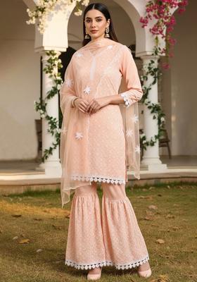 Peach Embroidered Silk Kurta Set
