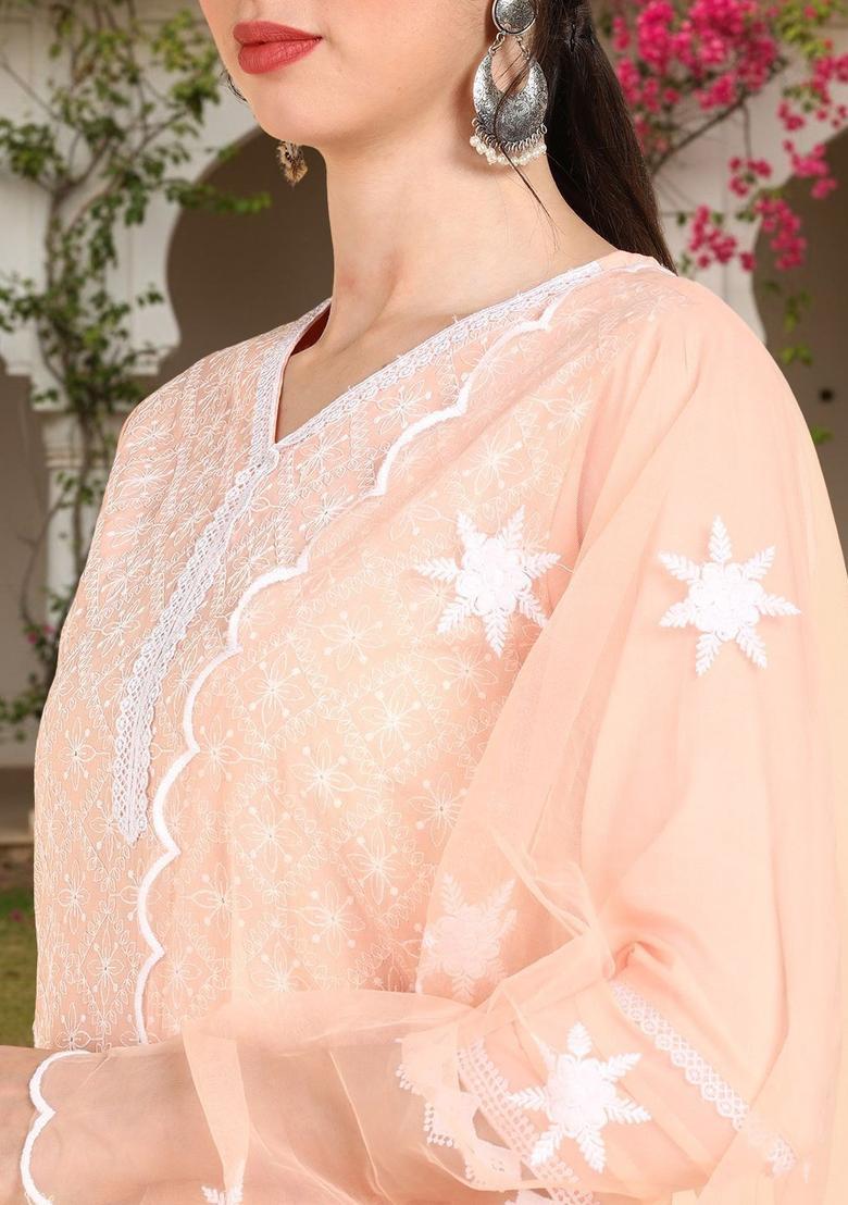 Peach Embroidered Silk Kurta Set - Indya