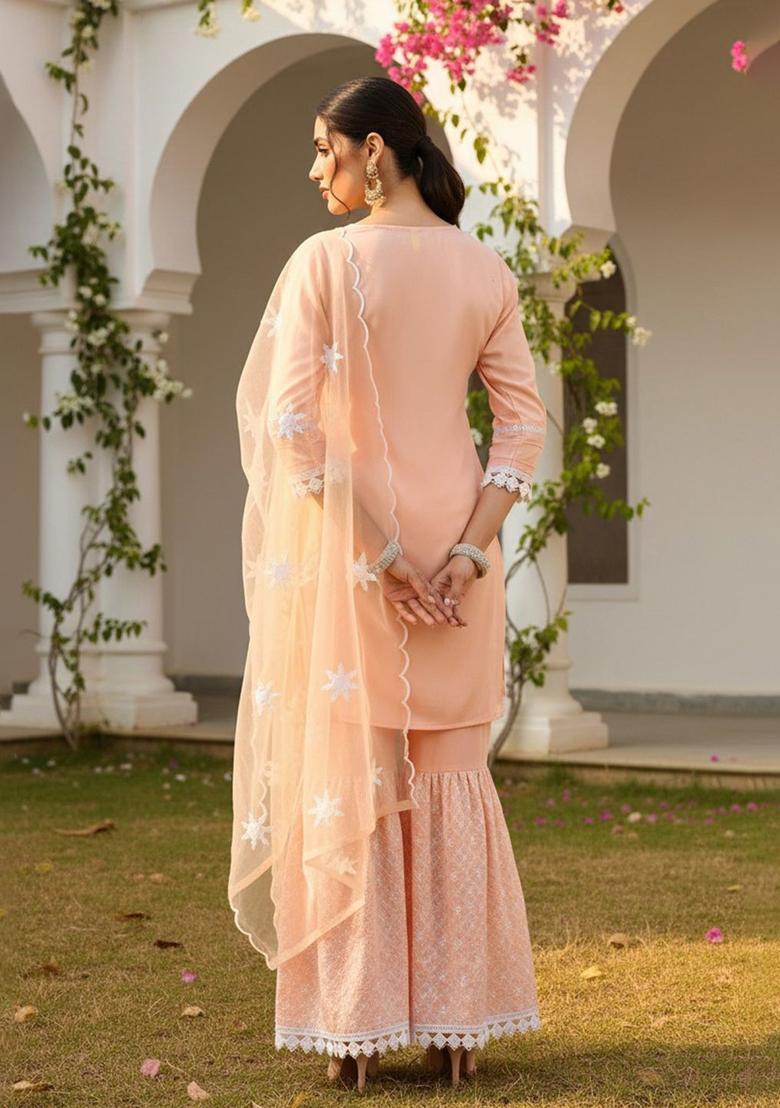 Peach Embroidered Silk Kurta Set - Indya